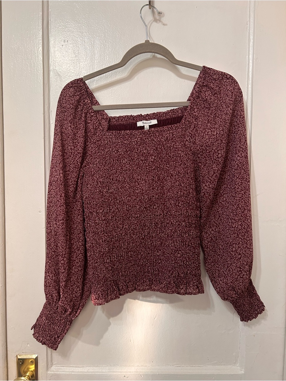 Madewell Burgundy Floral Smocked Square-Neck Blouse